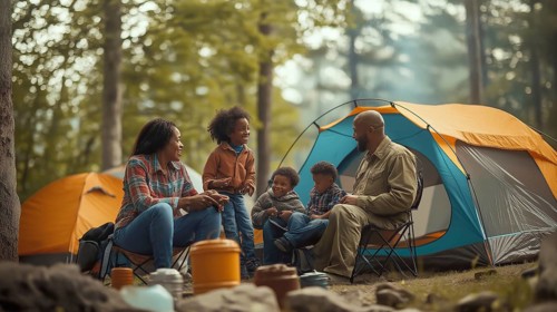 A family sitting and talking near tents in a forested campsite, enjoying a sunny day, AI generated