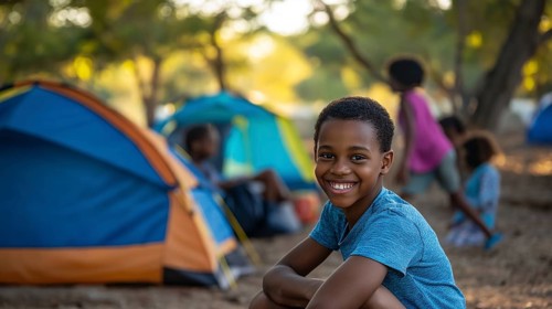A smiling child sitting near tents in a wooded campsite, with sunlight filtering through the trees,