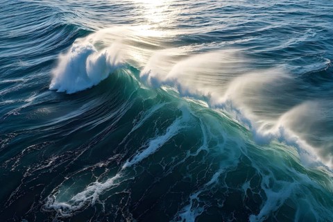 Aerial view of ocean wave cresting with foam water glistening under sunlight, AI generated