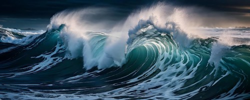 Ocean wave cresting with foam water glistening under sunlight, AI generated