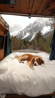 Dog resting on a bed inside an open van with a view of snowy mountains, exuding a cozy and peaceful