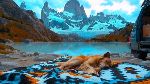 Dog lying on a blanket by a lake with snowy mountains in the background under fluffy clouds, AI