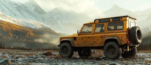 Rusty yellow SUV in a wilderness setting with snowy mountains and an overcast sky, AI generated