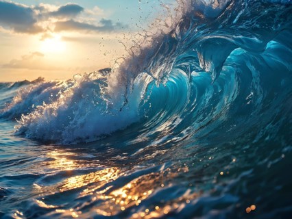 Ocean wave cresting with foam water glistening under sunlight, AI generated