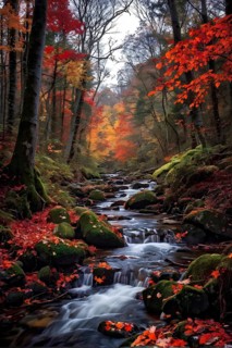 Autumn forest with leaves in varying shades of amber red and yellow in golden hour sunlight, AI