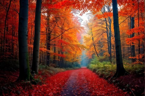 Autumn forest with leaves in varying shades of amber red and yellow in golden hour sunlight, AI
