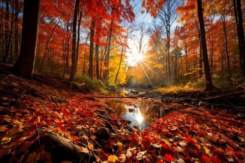 Autumn forest with leaves in varying shades of amber red and yellow in golden hour sunlight, AI