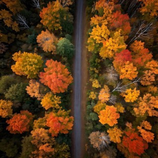 Aerial perspective of an autumn forest with leaves in varying shades of amber red and yellow, AI