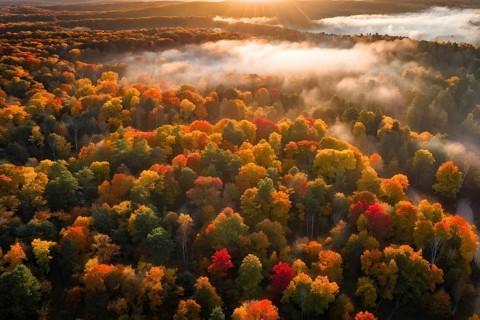 Aerial perspective of an autumn forest with leaves in varying shades of amber red and yellow, AI