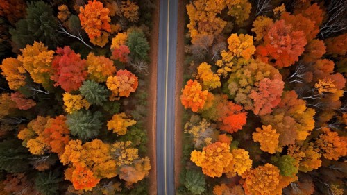 Aerial perspective of an autumn forest with leaves in varying shades of amber red and yellow, AI