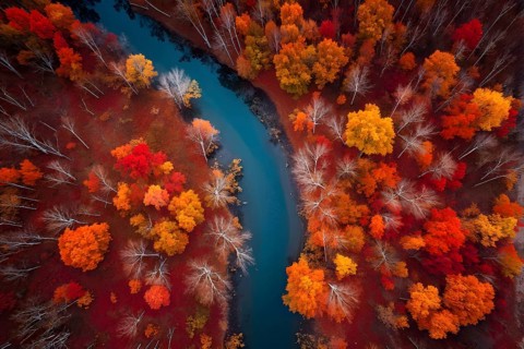 Aerial perspective of an autumn forest with leaves in varying shades of amber red and yellow, AI