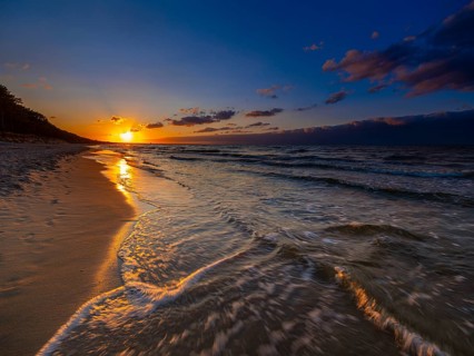 Sunset on a sandy beach on the island of Usedom on the Baltic Sea, Zempin, Mecklenburg-Western