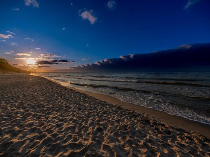 Sunset on a sandy beach on the island of Usedom on the Baltic Sea, Zempin, Mecklenburg-Western