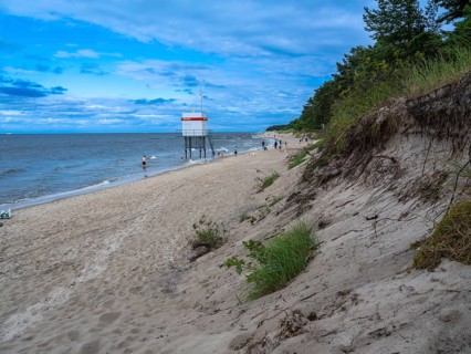 DLRG stand on the beach, sandy beach, clouds in the blue sky on the island of Usedom on the Baltic