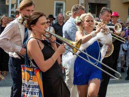 Jazz musicians, The Carling family, play on the street in Ystad in the opening of the Ystad Jazz