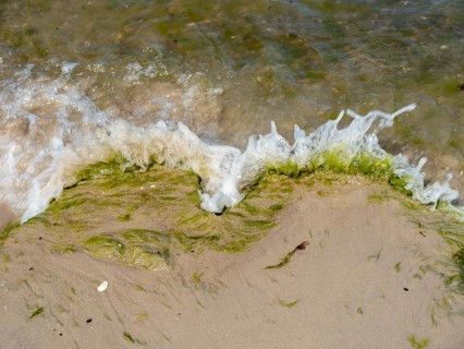 Water flowing onto the sandy beach on the island of Usedom on the Baltic Sea, Zempin,