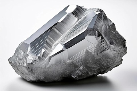 Lithium, Shiny silver mineral with a detailed crystalline structure on a white background, ai