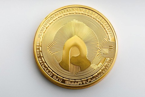 Shiny golden coin with symbolic engraving and technological patterns on a white background, ai