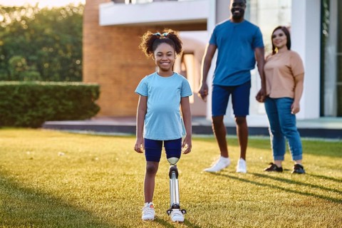 Smiling girl with prosthetic leg in the garden, parents standing smiling in the background next to