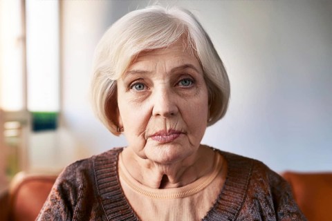 Portrait of an elderly woman with grey hair looking thoughtfully into the camera, dementia, ai