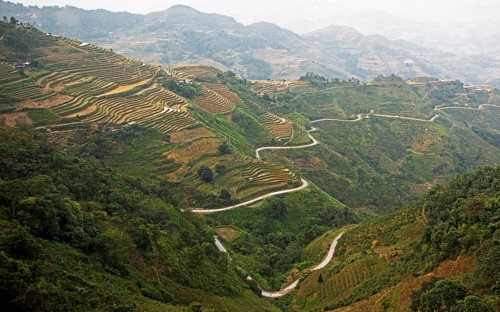 Road and terraced fields in the northern mountain landscape, Ha Giang province, Vietnam, Asia