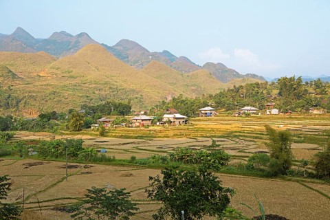 Karst hills and fields, Dong Van Karst Plateau UNESCO Global Geopark, Ha Giang Province, Vietnam,