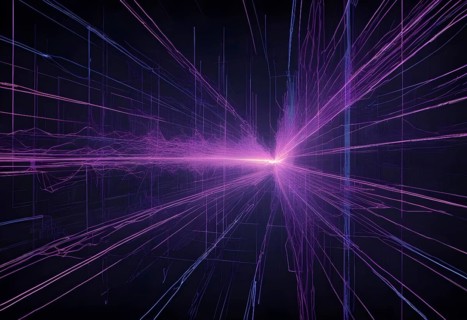 Abstract digital piece with a purple neon grid extending into the distance, creating a futuristic