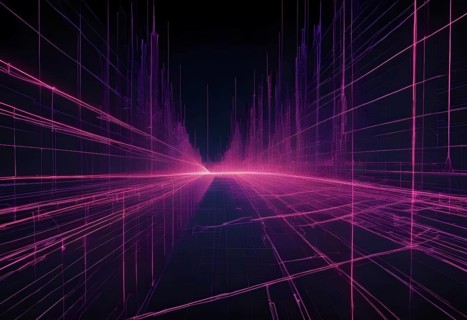 Abstract digital artwork with purple neon gridlines creating a futuristic, cyberspace atmosphere,