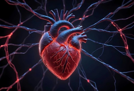 3D rendering of an anatomical heart with glowing red veins against a dark background, AI generated