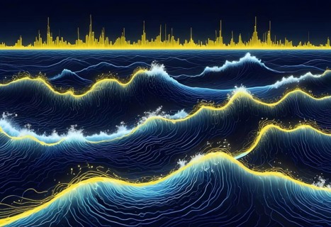 Digital art depicting glowing neon waves in blue and yellow with a distant cityscape at night, AI