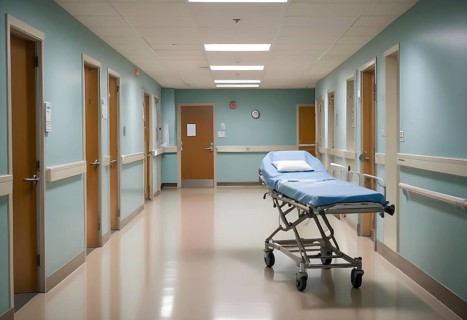 Empty hospital corridor with a blue medical stretcher positioned in the center, AI generated