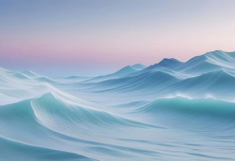Ethereal scene with ocean waves and twilight sky in pastel hues, conveying tranquility and serene