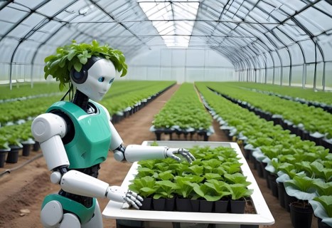 Robot tending to potted plants in a large greenhouse, depicting a merger of technology with