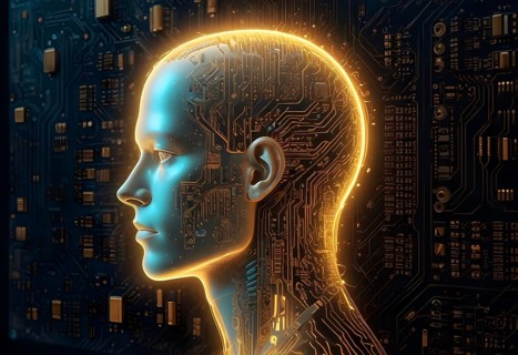 Chrome human-cyborg head in profile with intricate digital circuitry, glowing with neon lights, AI