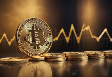 Golden bitcoin and coins with glowing market trend lines in the background, reflecting financial
