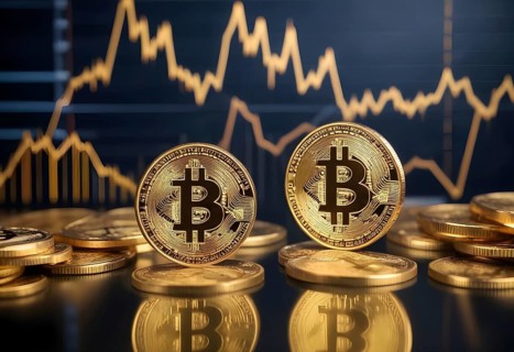 Two bitcoins surrounded by stacked coins with market trend graphs in the background, AI generated