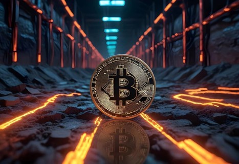 Mining golden bitcoin concept, in a futuristic underground setting with glowing neon lights and