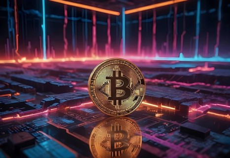 Bitcoin standing on a circuit board with neon lights and digital elements glowing in the