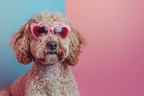 Cute labradpoodle dog with pink heart shaped Valentine's day glasses in front of pink and blue