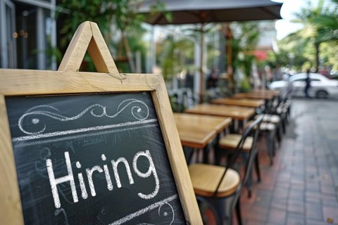 Black chalkboard with English text saying 'Hiring' at restaurant. Concept for labour shortag.