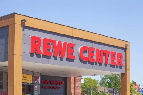 REWE Marken-Discount logo on a supermarket, Germany, Europe