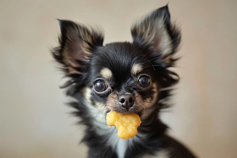 Small Chihuahua dog with chicken nugget in mouth. Generative Ai, AI generated