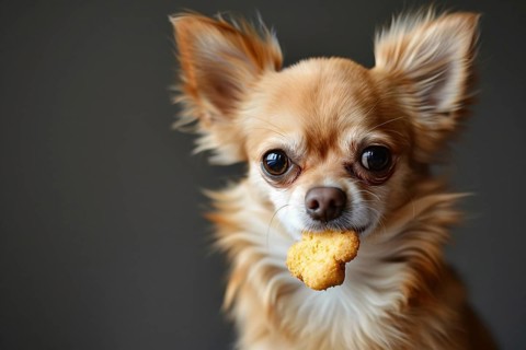 Small Chihuahua dog with chicken nugget in mouth. Generative Ai, AI generated