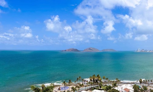 Mexico. Scenic skyline and panoramic view of Mazatlan Malecon. Ocean beaches view, Cerro Neveria