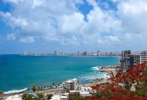 Mexico. Scenic skyline and panoramic view of Mazatlan Malecon. Ocean beaches view, Cerro Neveria