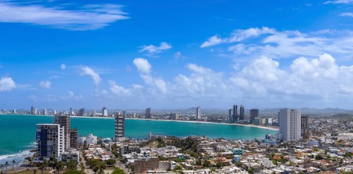 Mexico. Scenic skyline and panoramic view of Mazatlan Malecon. Ocean beaches view, Cerro Neveria