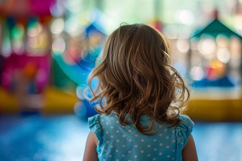Back view of young toddler girl in kindergarden child day care. Generative Ai, AI generated