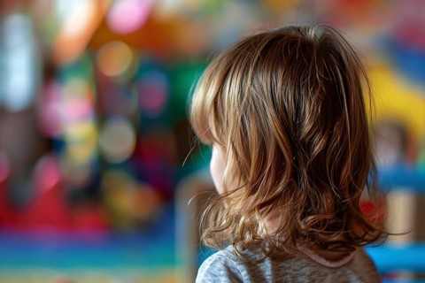 Back view of young toddler girl in kindergarden child day care. Generative Ai, AI generated
