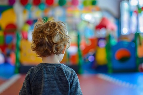 Back view of young toddler boy in kindergarden child day care. Generative Ai, AI generated