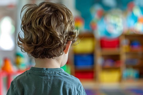 Back view of young toddler boy in kindergarden child day care. Generative Ai, AI generated